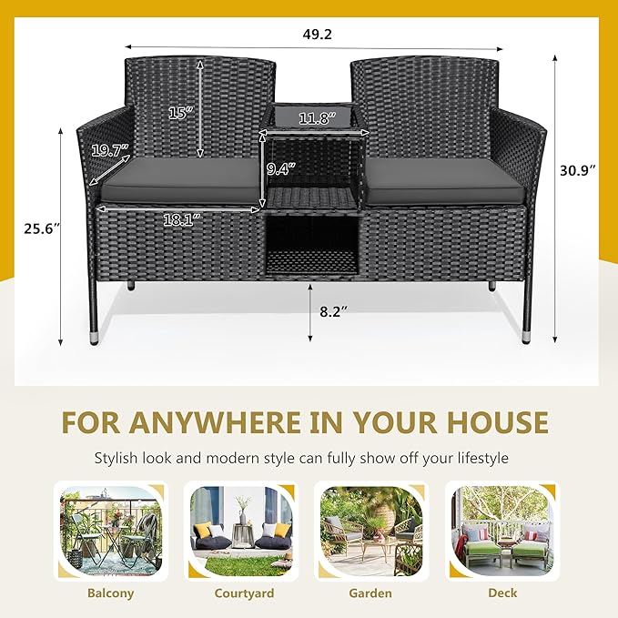 Flamaker Outdoor Furniture Patio Loveseat Wicker 2-Seat with Built-in Table and Cushions Rattan Porch Chairs Bench for Balcony, Lawn, Backyard (Grey)