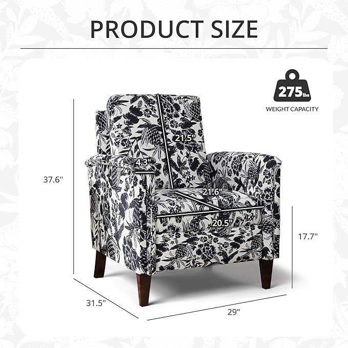 Floral Accent Chair, High Back Upholstered Armchair with Solid Wooden Legs, Padded Armrest and Removable Comfortable Cushioned Seat Single Sofa for Living Room, Bedroom, Black