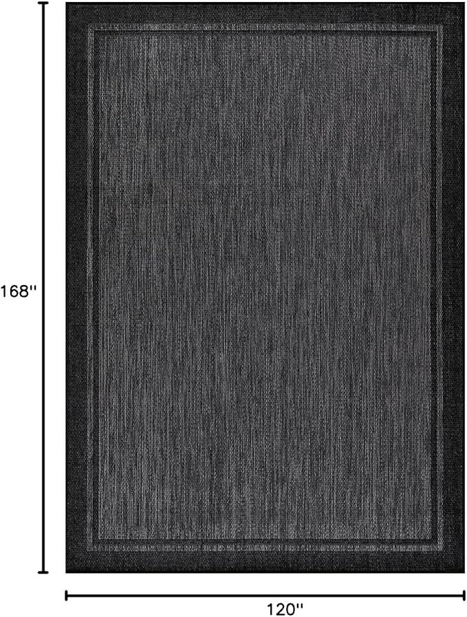 CAMILSON Indoor Outdoor Rug, 10x14 Bordered Dark Grey Black Modern Large Area Rugs for Indoor and Outdoor Patios, Kitchen and Hallway Mats, Washable Porch Deck Outside Carpet (Bordered Black, 10 x 14)