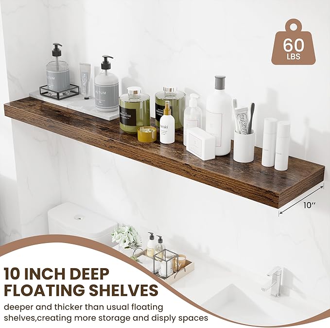 Fun Memories 55 Inch Fireplace Mentel Shelf, 10 Inch Deep Shelves for Display&Wall Storage, Rustic Wood Wall Shelf -Extra Long Floating Shelves for Living Room Laundry Room, Rustic Brown, Set of 1