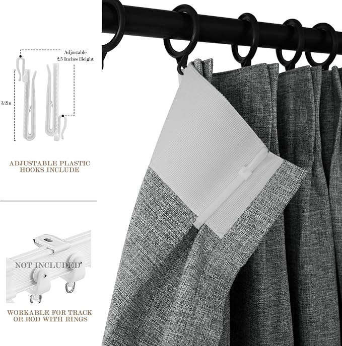Mid Grey Pinch Pleat 100% Blackout Drapes Linen Blend, Room Divider, Room Darkening, Energy Saving, Furniture Protecting, Light Blocking Extra Wide Privacy Curtains, 200Wx108L, 1 PC