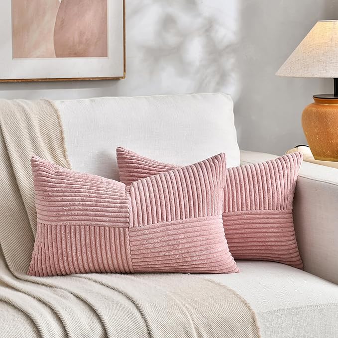 Fancy Homi 2 Packs Blush Pink Long Lumbar Decorative Throw Pillow Covers 16x24 Inch for Couch Bed Sofa, Rustic Farmhouse Boho Home Decor, Soft Striped Corduroy Rectangle Accent Cushion Case 40x60 cm