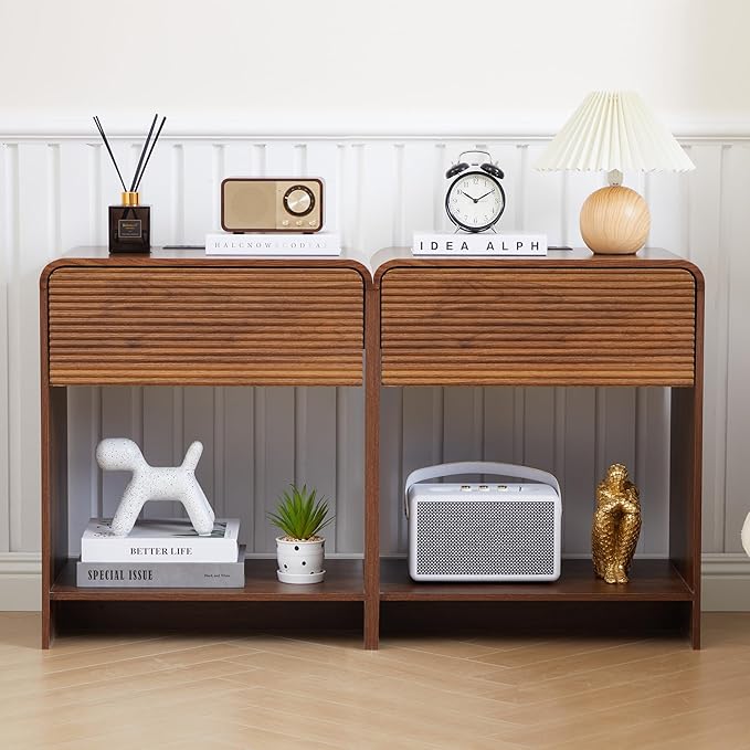 Fluted Nightstand Set of 2 with Charging Station, Modern Bed Side Table End Table with Drawer Storage, Large Wooden Night Stands Bedside for Bedroom Living Room Sofa Office, Walnut 2 Sets