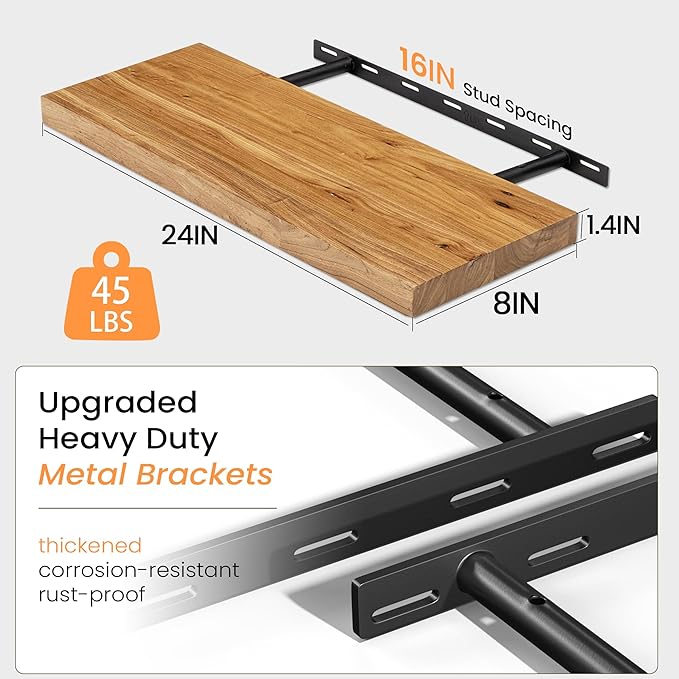 Fun Memories Floating Shelves for Wall, 24 Inch Floating Shelves Wall Mounted, Rustic Elm Wood Shelf, Heavy-Duty Storage Shelves for Books, Bathroom, Kitchen, Natural Finish, Set of 2