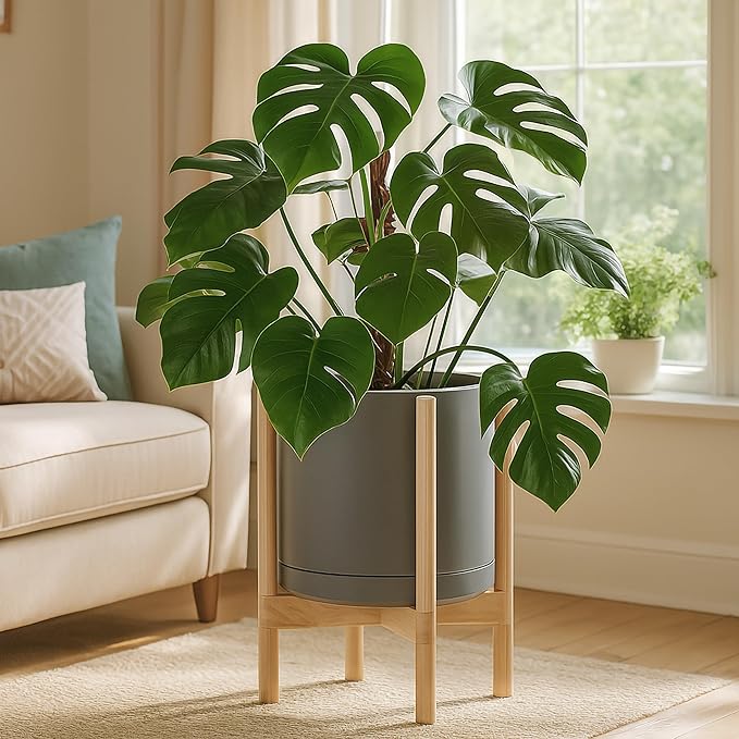 D'vine Dev Ceramic Planter with Natural Stand - 12 Inch Modern Round Flower Pot with Wood Planter Holder, Grey, 55-B-J-3