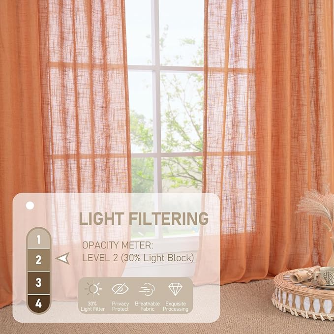 LAMIT Burnt Orange Linen Curtains 40 Inches Long for Windows, Bronze Grommet Semi Sheer Privacy Panels Light Filtering Boho Farmhouse Neutral Drapes for Bedroom/Living Room, 34 x 40 Inch, 2 Panels