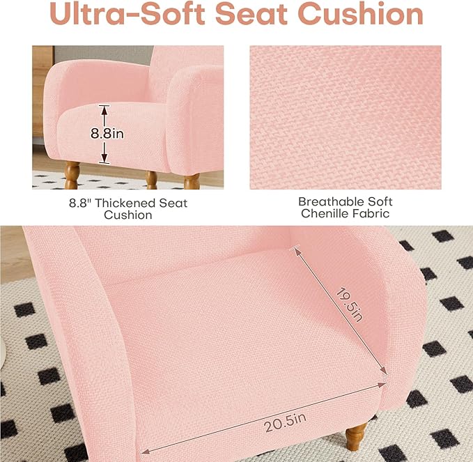 Chenille Fabric Accent Chair Set of 2, Upholstered Armchair with Solid Wood Legs, Modern Living Room Accent Chair, Comfy Single Sofa Chair Reading Club Chair for Bedroom Reception Lounge,Pink