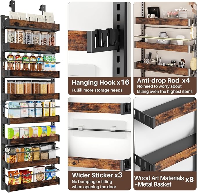 8 Tier Over The Door Pantry Organizer, 2 IN 1 Wall Mount or Metal Hanging Spice Rack for Pantry Organizers and Storage, Seasoning Shelves，Adjustable Basket with Hooks for Kitchen, Bathroom,Laundry