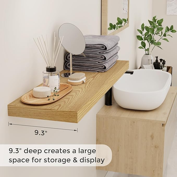 Fun Memories Rustic Wood Floating Shelves for Wall, 36 x 9 Wall Shelves Set of 2, Deep Floating Shelf for Kitchen, Living Room Storage & Display, Rustic Deep Bookshelf, Oak Color