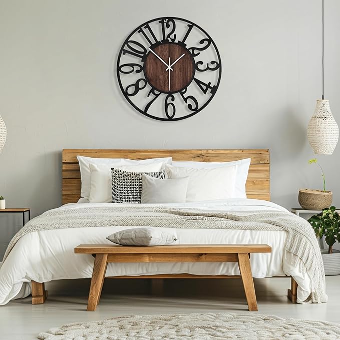 Maxstar Round Wall Clock for Living Room Decor Battery Operated Non Ticking Silent Vintage Black Metal Wood Clocks for Home Living Room Garden Farmhouse Office Kitchen Decoration -20 inch