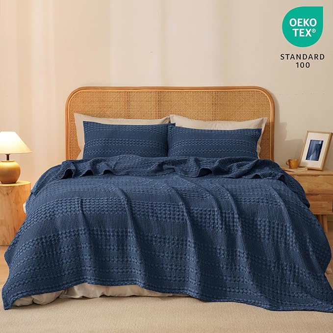 PHF 100% Cotton Waffle Weave Blanket Twin Size, Soft Lightweight Breathable Cozy Summer Blankets for Bed, Luxury Aesthetic Woven Bedding for Home Decor, 66"x90", Bright Navy Blue
