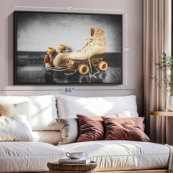 ElephantStock Vintage Skates Pop Wall Art - Horizontal Framed Canvas - 1-Piece Living Room Wall Decor - Sport Photography Canvas Print - Beige and Black Decor for Wall - 37" X 25"