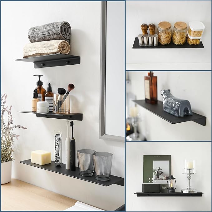 JOOM Small Metal Wall Floating Shelf - Metal Wall Shelf, Black Floating Shelf, Small Bathroom Shelf, Display Shelves for Wall Storage (Black, 20 in)