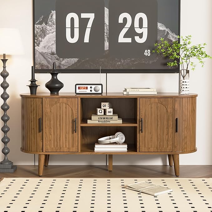 51" Fluted TV Stand, Mid-Century Modern Entertainment Center for Tvs up to 60" with Drawers and Fluted Doors, Curved TV Media Console Table with Sliding Doors for Living Room, Bedroom (51")