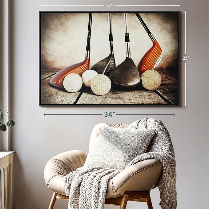 Elephant Stock Golf Sets Wall Art - Horizontal Framed Canvas - 1-Piece Mancave Wall Decor - Photography Sports Canvas Print - Yellow and Brown Decor for Wall - 37" X 25"