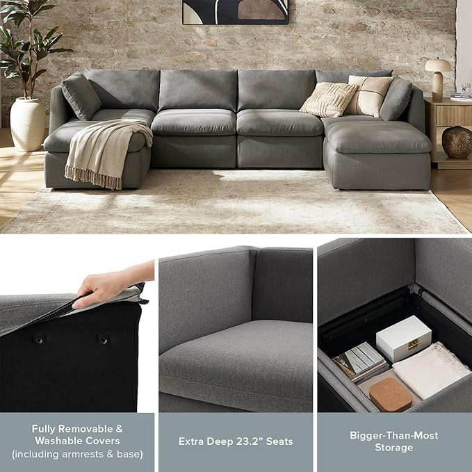 mopio Oversized Modular Sectional Sofa with Fully Removable Covers and Storage, Convertible U, L-Shaped and Sleeper Sectional, Modern Couches with Ottoman Chaise (Stone Gray Fabric, 6 Seats, U)