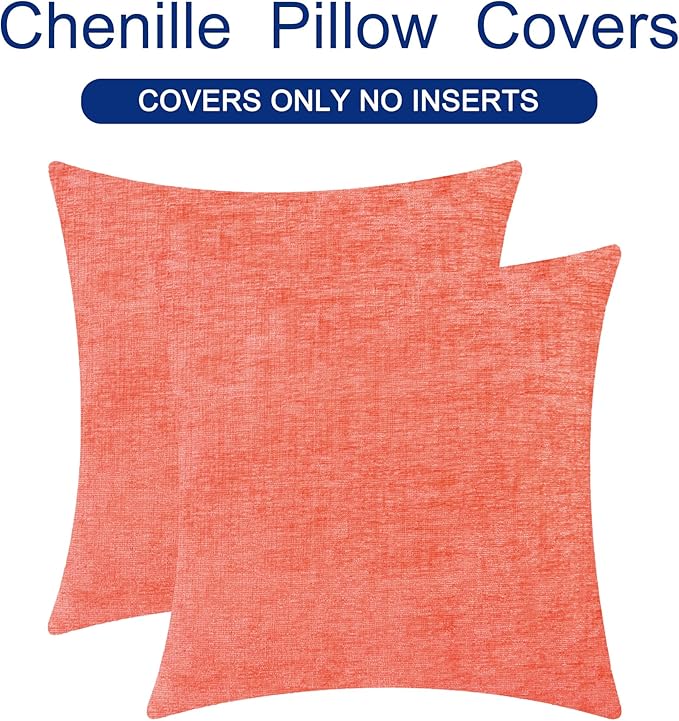 CaliTime Throw Pillow Covers Decorative 26 X 26 Inches Pack of 2 Cozy Chenille Cushion Cases for Couch Sofa Bed Living Room Home Living Coral