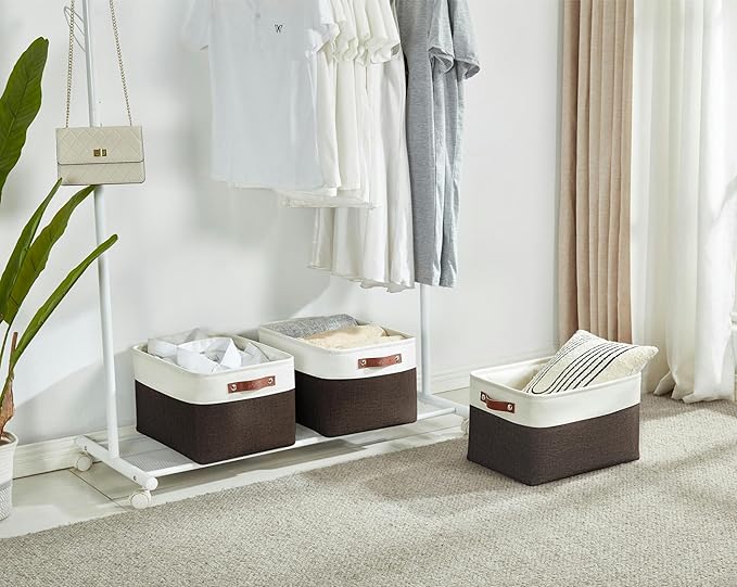 DECOMOMO Storage Baskets for Shelves - Fabric Closet Organizers and Storage Bins, Perfect Baskets for Organizing Closet Toys Nursery (Brown and White, XL - 3 Pack)