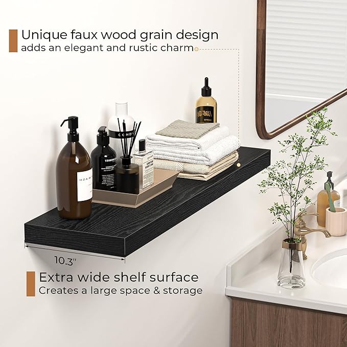 Floating Shelves - 10.3 Inch Deep Wall Shelf for Decor & Storage - Wall Mounted Display Shelving with Invisible Heavy-Duty Metal Bracket - 36" W x 10.3" D x 1.8" H - Set of 1 - Rustic Black