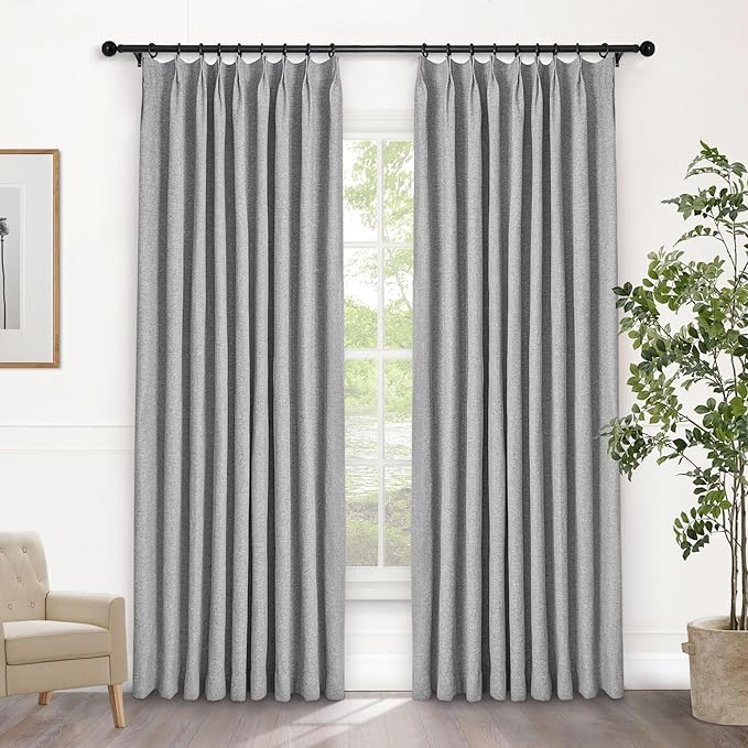 Macochico 100% Blackout Light Grey Linen Curtains 84 Inches Long Pinch Pleated Burlap Curtains for Bedroom Living Room Farmhouse Nursery Thermal Window Panels with Tieback 72”Wx84”L 1 Panel