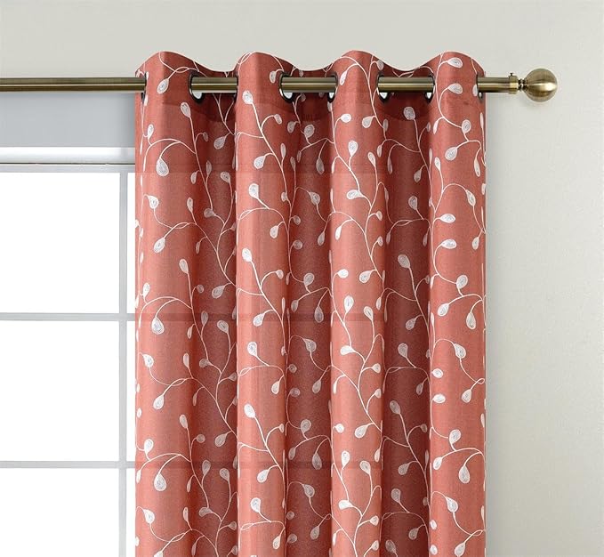 MIUCO Floral Embroidered Semi Sheer Curtains Faux Linen Extra Wide Grommet Window Panel Pair for Bedroom 52 x 95 Inch, Rust