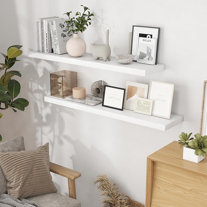 Fun Memories Floating Shelves 48 Inch Set of 2, White 48 x 9 Wall Shelves for Home Decor Storage, Rustic Wood Floating Shelf for Wall, 9 Inch Deep Shelving for Bathroom, Living Room, Kitchen