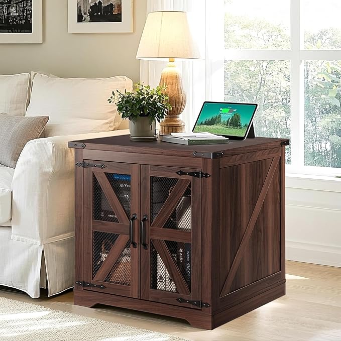 Farmhouse End Table, 24" Large Sofa Side Table with Charging Station, Mesh Barn Door, Rustic Wood Nightstand with Adjustable Storage Shelf, Square Nightstand for Living Room