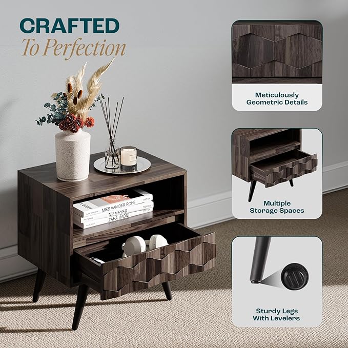 Bme Georgina Solid Wood Nightstand with 1 Drawer & Open Shelf- Fully Assembled Mid Century Modern Side Table - Geometric Pattern Bedside Dresser for Bedroom and Living Room, Mocha