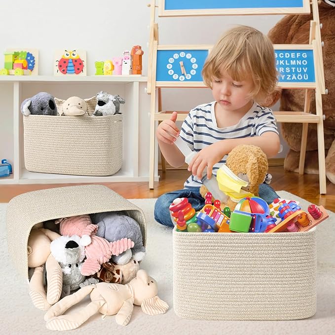 3-Pack Shelf Baskets for Organizing, Woven Storage Basket for Shelves, Cotton Rope Storage Bins for Toys Books, Nursery Towel Baskets for Classroom, 14.96"X9.8"X8.85", Brown