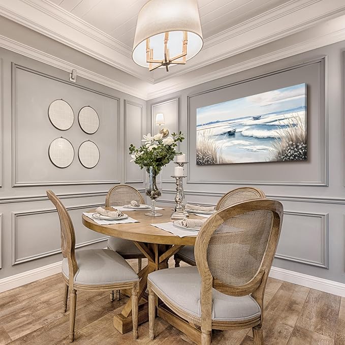 amatop Large Canvas Art Wall Decor for Bedroom Living Room –Rustic Coastal Ocean Artwork for Walls with Sailboat and Waves – Blue and White Nautical Beach Seascape Canvas Print 48x24 Inch