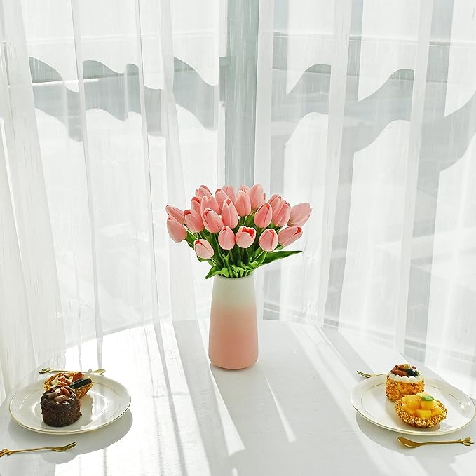 Mandy's Artificial Tulips 28 Stems Light Pink with Gradient Pink Vase PU Faux Flowers for Wedding Home Decor 13.5 Inch