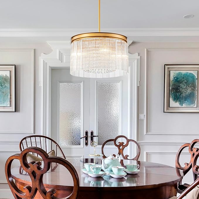 4-Lights Drum Glass Chandelier, Modern Style Light Fixture for Dining Room, Bedroom, Ripple Glass Shade & Brass Finish, D16.5 * H18~48 inch (Adjustable Height)