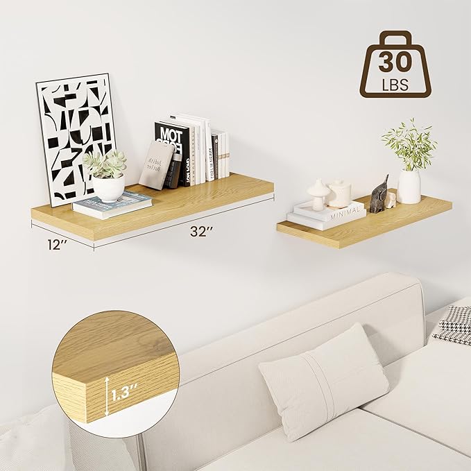 32" Floating Shelves for Wall, 12" Deep Slim Oak Floating Shelves, Wall-Mounted Shelves for Bedroom, Living Room, Kitchen, Bathroom - Set of 2