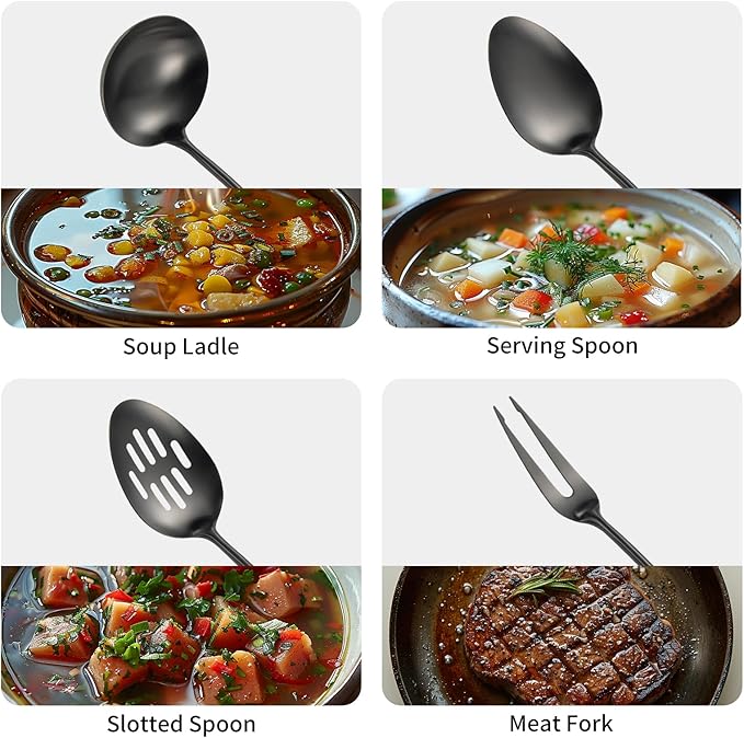304 Stainlss Steel Matte Kitchen Utensils Set, 11 Pcs Long Metal Cooking Utensil Gadgets Tools Set with Spatula, Ladle, Spoon, Ladle, Skimmer, Tunner, Pasta Server, Tongs(Black, Dishwasher Safe)