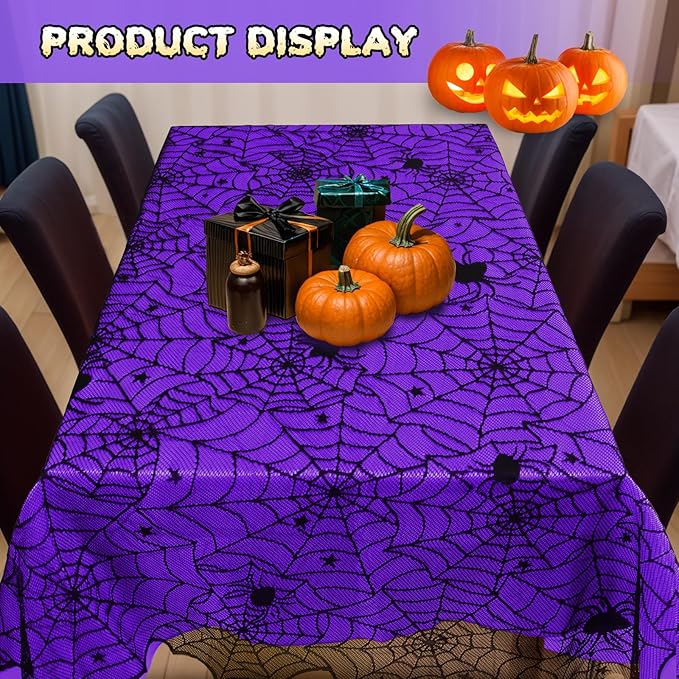 2Pcs Halloween Tablecloths, Black Lace & Purple Lined Rectangular Table Cloth, Spider Web Table Cover for Scary Halloween Decorations Indoor, 54 x 72 Inch