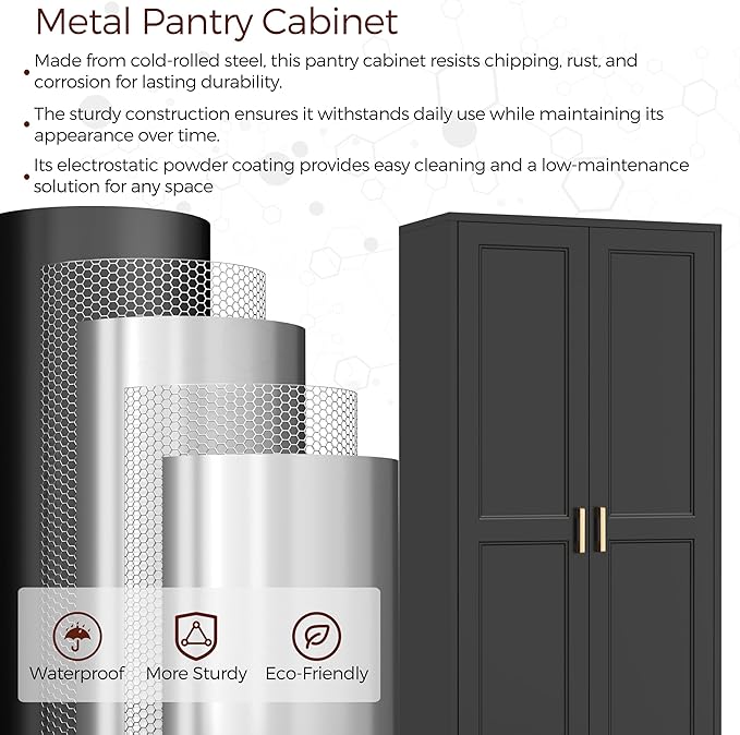 60" Tall Metal Pantry Cabinet, Black Kitchen Pantry Storage Cabinet with Doors and 3 Adjustable Shelves, Cupboard for Kitchen, Dining Room, Living Room, Bathroom