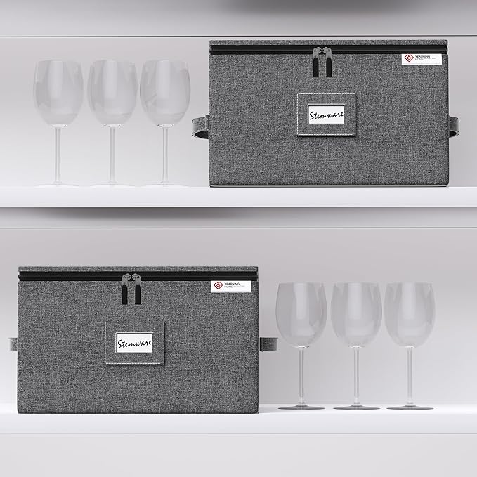 YearningHome Wine Glass Storage Box with Dividers,Hard Shell and Stackable Stemware Storage Containers with Sturdy Handle for Glassware Crystal Storage and Transport,Grey,Holds 12