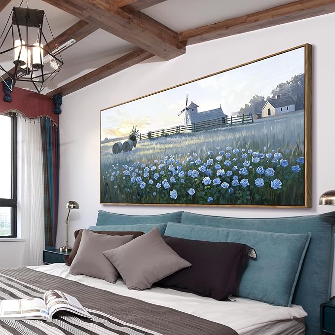 amatop Extra Large Wall Art Bedroom – Framed Country Landscape Canvas Art Blue Floral Field Windmill Print with Natural Wood Frame Rustic Wildflower Picture Home Decor for Living Room Office 58x29 Inch