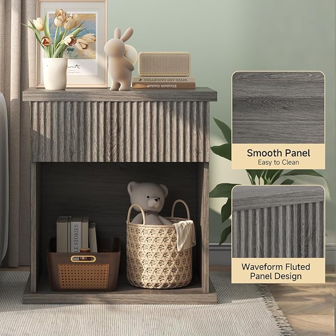 Fluted Nightstand, 22.8" Wide Nightstands with Drawer Storage Large Wood BedsideTable Night Stand for Bedroom, Grey Oak