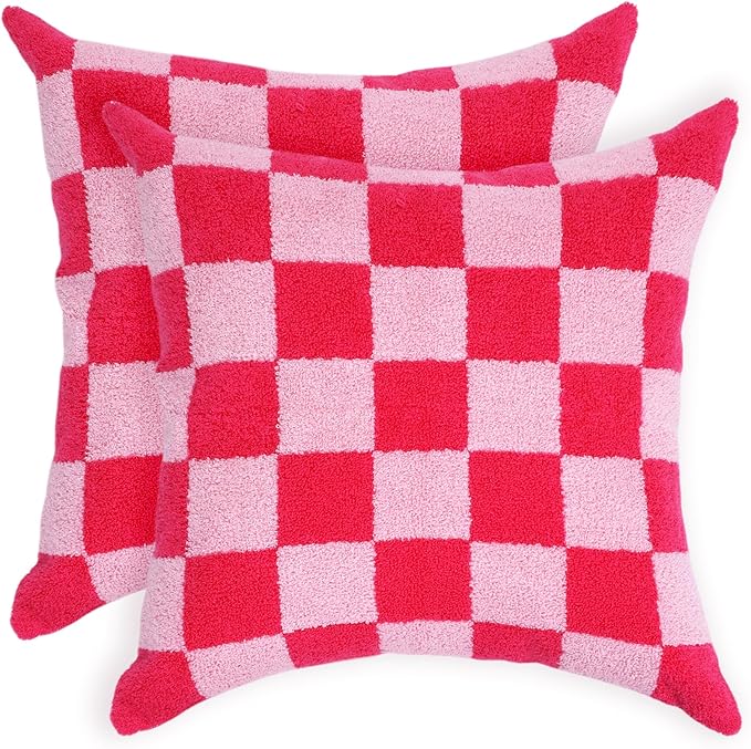 Alysheer Checkered Embroidered Decorative Throw Pillow Covers 18"x 18" Set of 2, Farmhouse Cottage Hot Pink Plaid Tufted Patterned Cotton Canvas Cushion Case for Sofa Couch Bed Living Room