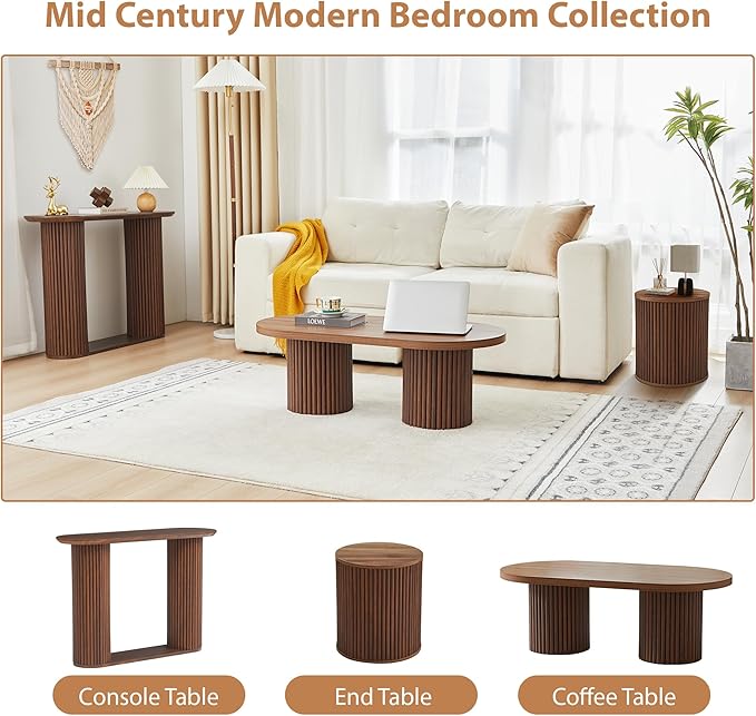 AVZEAR Small Round Side Table Fluted Night Stand Set of 2, Mid Century Modern End Table with Storage, Circle Bedside Tables Wood Nightstands for Small Spaces, Living Room, Bedroom (Walnut)