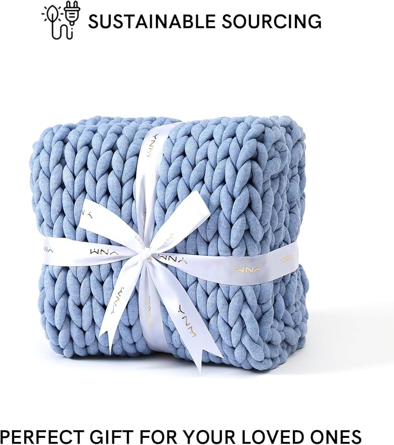 YnM Chunky Throw Blanket, Medium-Weight, Hand Knitted, Skin Friendly, Ventilated and Breathable, Machine Washable, Home Décor Piece for Couch, Sofa and Bed (Cerulean Blue, 40x50 Inch)