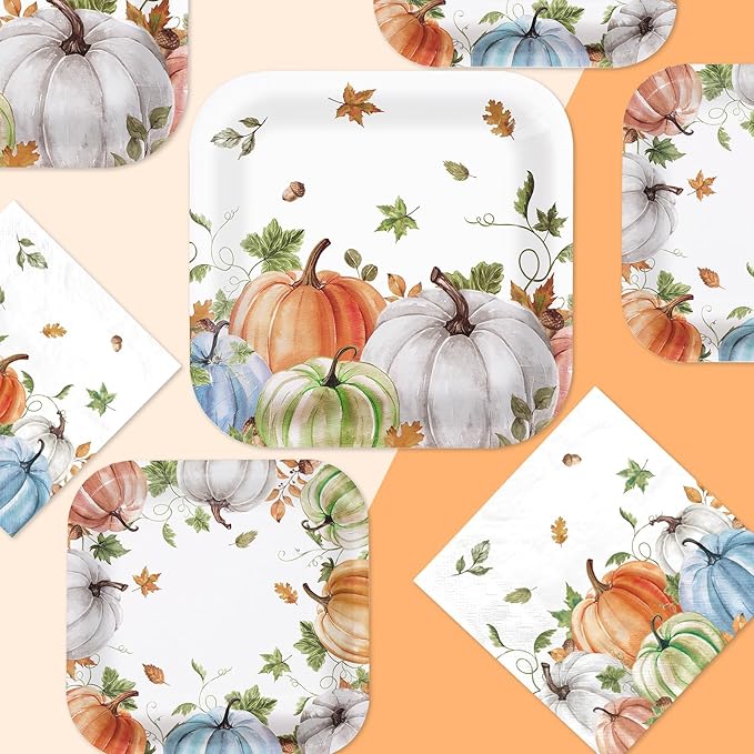 Grencian 200Pcs Fall Plates and Napkins Square Autumn Pumpkin Plates Thanksgiving Paper Platter Tableware Sets for Thanksgiving Harvest Party Decorations, Serves 50
