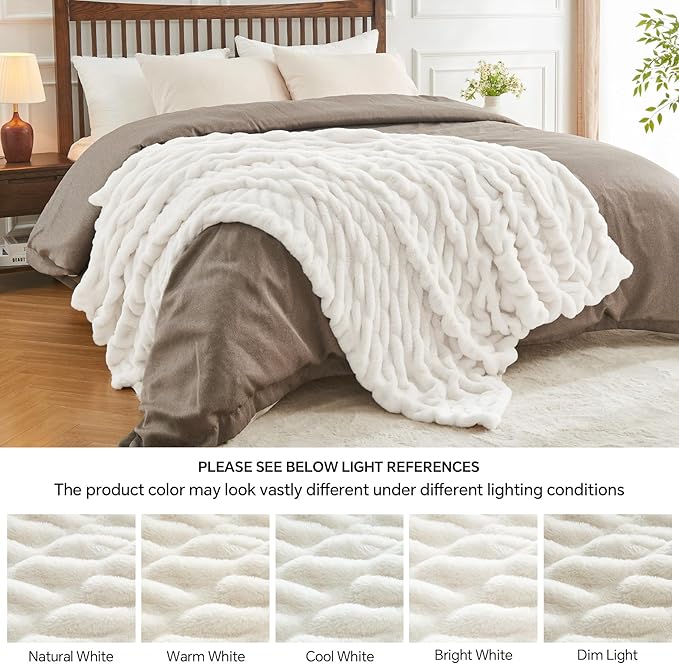 BEDELITE Faux Fur Throw Blanket for Couch, Soft and Cozy Boho Ruched Fluffy Blanket, Warm Plush Fuzzy Faux Rabbit Fur Blanket for Women Gift (Cream, 60"x 80")