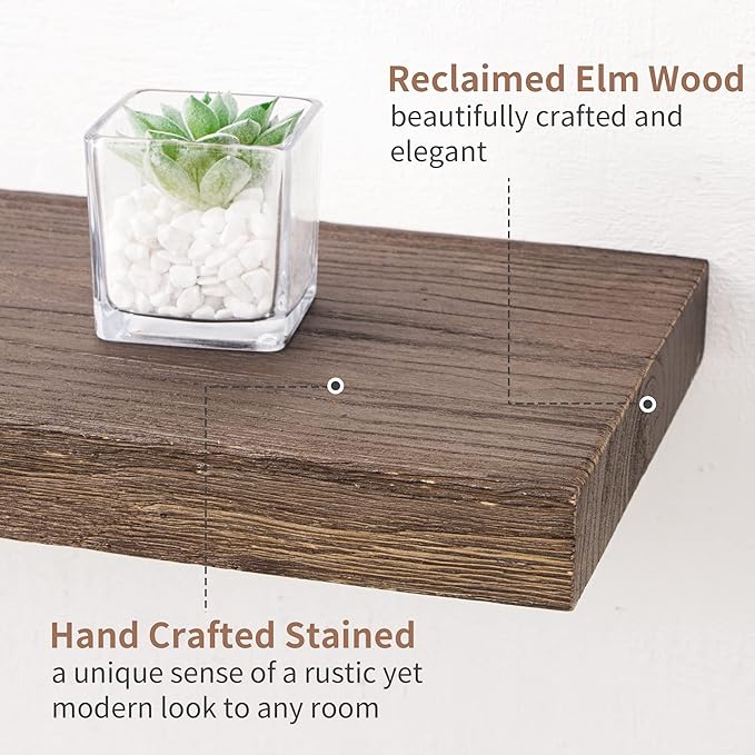 Axeman Floating Shelves for Wall, 8 Inch Deep Rustic Solid Elm Wood Wall Shelves for Storage, Wall Mounted Display Shelving with Invisible Heavy-Duty Metal Bracket, 36'' Width Set of 2, Walnut