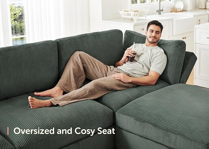 HONBAY Modular Sectional Sofa with Storage Corduroy U Shaped Sofa Modular Sectional Couches for Living Room,Green
