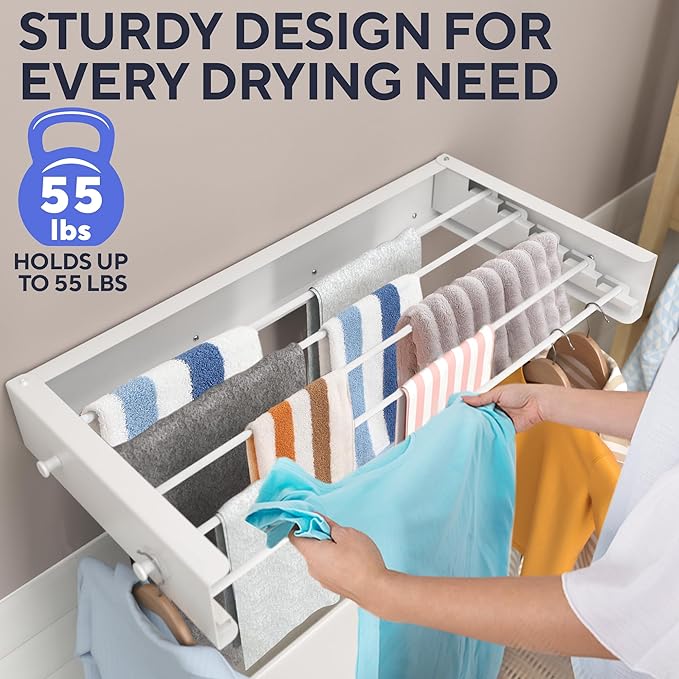 Foldable Wall Mounted Drying Rack 28 inch - Easy to Install Hanging Rack for Laundry Room - Space Saving Design with 55-lb Capacity - Perfect Drying Racks for Clothes Towels & More