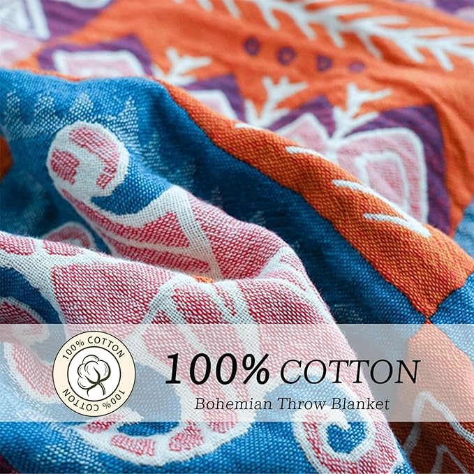Boho Throw Blanket King Size Christmas Blanket 100% Cotton Blankets for Couch Bed, Cotton Quilts Muslin Bed Blanket 90''x 98'' Cozy Pre-Washed Decor Gift for All Seasons