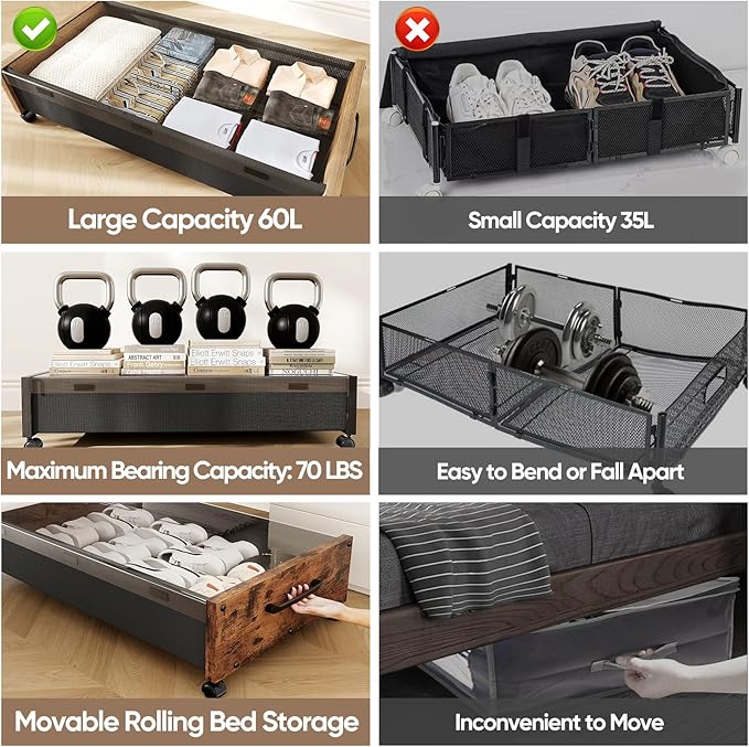 Wooden Under Bed Storage with Wheels, Rolling Under the Bed Storage Bins with Removable Lid, Metal Under Bed Drawers for Clothes and Shoes in Bedroom or Living Room(Vintage Brown-2pack)