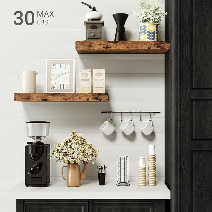 Floating Shelves for Wall, 16 inchs x 6.7” deep x 1.4” Bathroom Shelf Bedroom, Living Room, Kitchen, Farmhouse Decor, Rustic Wood Wall Shelves with Invisible Brackets - Set of 2, Rustic Brown